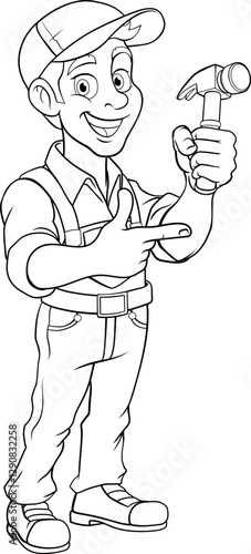 A cartoon mascot man handyman or carpenter holding a hammer tool and pointing