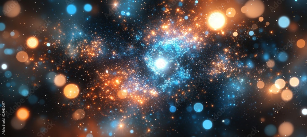 Naklejka premium Abstract Glowing Bokeh Lights, Orange and Teal Color Scheme, Converging Light Beams, Dark Background