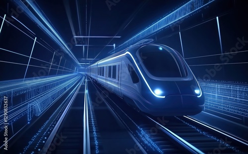 Fast High-Speed Train Racing Through Futuristic Digital Tunnel with Neon Lights
