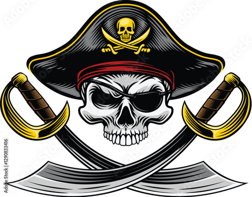 Pirate skull crossbones wearing a tricorn captain hat, eyepatch with crossing sabers or scimitar cutlass pirate swords. In a vintage retro woodcut style.