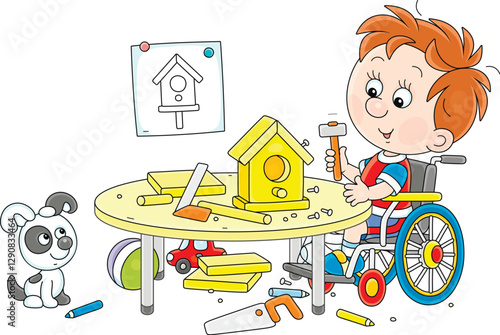 Cheerful little boy with a plaster cast on his broken leg sitting in a wheelchair at a desk and building a small wooden birdhouse, vector cartoon illustration on a white background