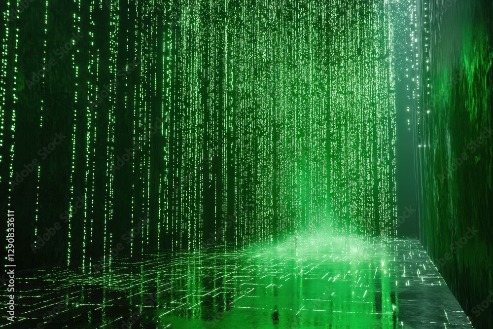 A cascading green digital rain forms a mesmerizing pattern of matrix code, set against a futuristic cyber backdrop, ideal for conveying themes of technology, data flow, and digital transformation A cascading green digital rain forms a mesmerizing pattern of matrix code, set against a futuristic cyber backdrop, ideal for conveying themes of technology, data flow, and digital transformation