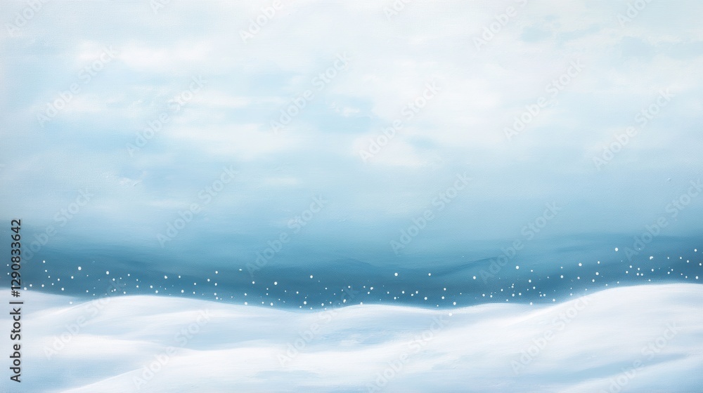 Obraz premium Snowy winter landscape with soft clouds and light snowfall, serene background of white snow and blue sky, peaceful nature scene for seasonal themes.