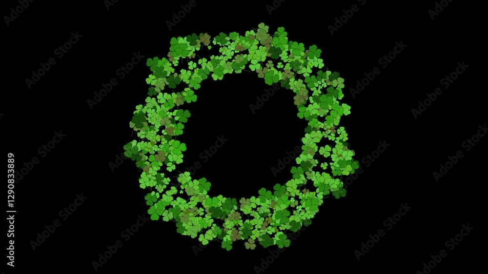 Green clover growing floral wreath, circular botanical frame animation isolated on black background with alpha matte. Green clover growing floral wreath, circular botanical frame animation isolated on black background with alpha matte.