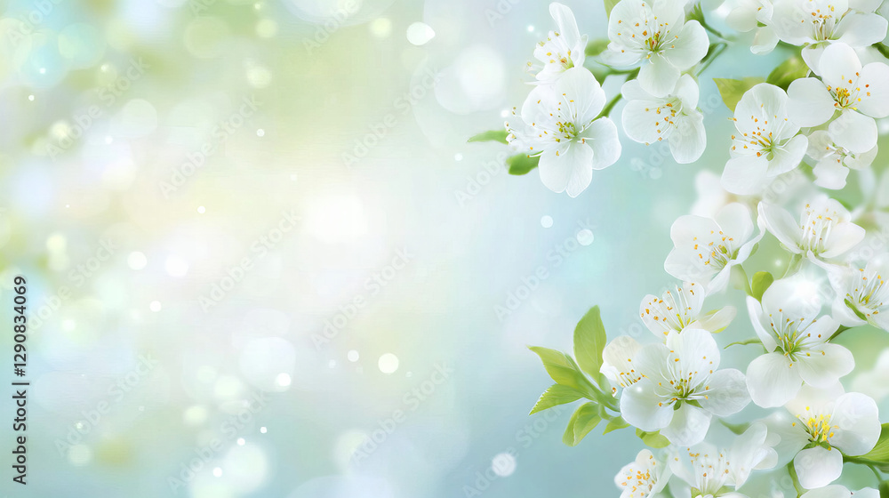 Soft-focus spring nature background with white blossoms, green leaves, and golden sunlight bokeh, creating a dreamy seasonal atmosphere perfect for floral themes, wedding invitations, spa designs Soft-focus spring nature background with white blossoms, green leaves, and golden sunlight bokeh, creating a dreamy seasonal atmosphere perfect for floral themes, wedding invitations, spa designs