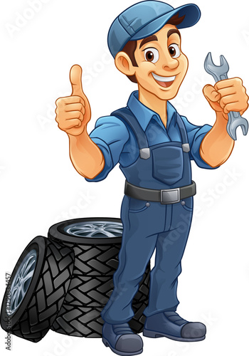A tyre or tire cartoon car maintenance service mechanic mascot cartoon character man