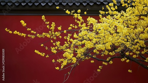 Golden Blossoms of Winter Jasmine Against a Deep Red Wall with a Calm and Serene Atmosphere

