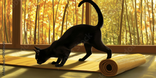 Black cat exploring yoga mat in sunlit room surrounded by autumn foliage