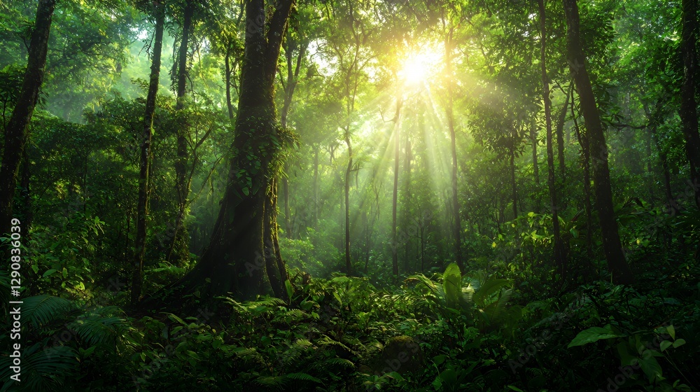 Obraz premium Lush Green Rainforest Sunlight Beams Through Canopy