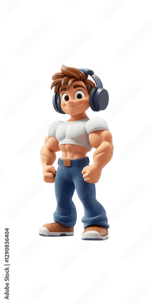 Muscular Cartoon Boy with Headphones - 3D Render Muscular Cartoon Boy with Headphones - 3D Render