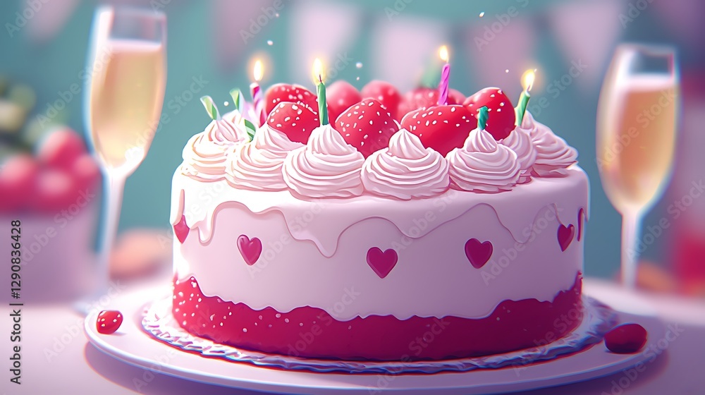 Delicious Strawberry Birthday Cake with Champagne. Delicious Strawberry Birthday Cake with Champagne.