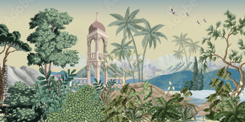 Landscape with mountains, sea, trees and alcove. Interior print wallpaper.