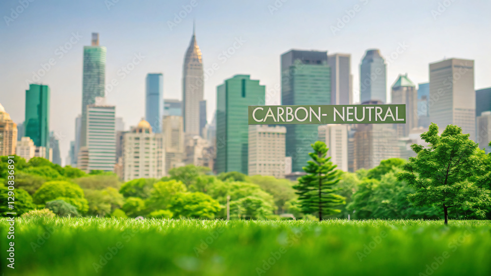 Obraz premium Lush Green Park with Skyline in Background Showcasing Carbon Neutral Initiatives