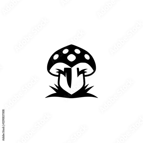 Stylized mushroom illustration on a white background; a black and white design with a mushroom in the middle