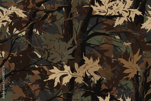 Vector hunting camouflage seamless pattern design. Camouflage background. Deer hunting, forest, jungle texture. Realistic tree seamless pattern. Digital camouflage