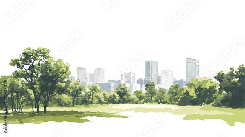 Watercolor-style illustration depicting a park landscape.  The foreground features lush green grass and several deciduous trees rendered with soft, loose brushstrokes.  In the midground, additional