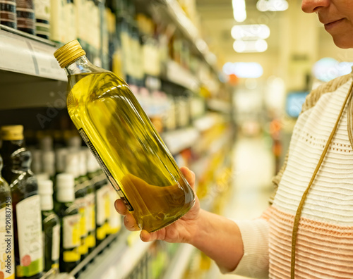 Woman shopper holds bottle of olive oil in hand in supermarket near shelves.