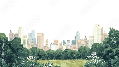 Watercolor-style illustration depicting a cityscape skyline viewed from a park. The foreground features lush green trees and foliage, possibly flowering bushes. The middle ground is an open grassy
