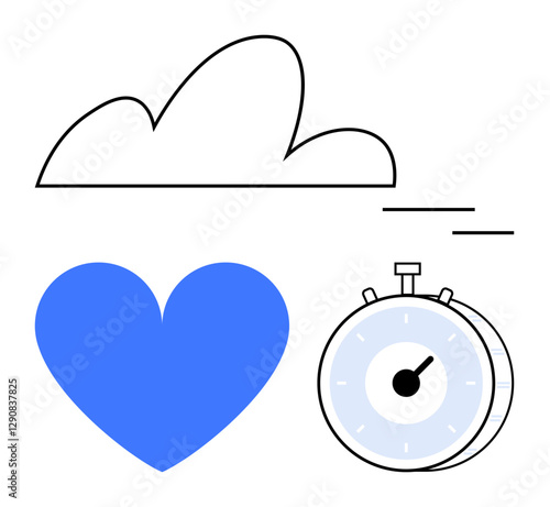 Cloud signifies swift movement, blue heart symbolizes emotion, stopwatch represents tracking time. Ideal for time management, wellness, love, agility, productivity, digital services abstract line