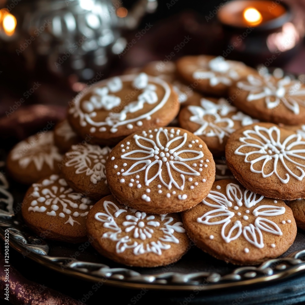Festive Gingerbread Cookies on Dark Plate Festive Gingerbread Cookies on Dark Plate