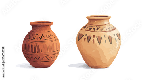 The image shows two terracotta pots against a white background.  The pot on the left is reddish-brown with a darker brown geometric pattern around its body. The pot on the right is a lighter beige