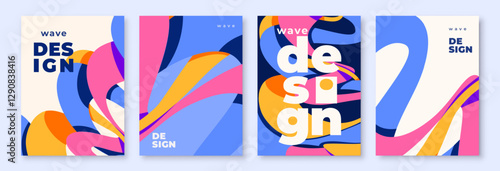 Wave shapes vector background set. Wavy pattern with liquid ribbons in simple retro modern style. Minimal graphic design with abstract curve flow in bright color for poster, banner, cover template