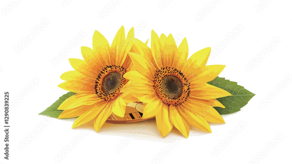 Naklejka premium Close-up studio shot of two sunflowers with their leaves arranged on a pure white background. The sunflowers are in full bloom, showcasing their bright yellow petals and dark brown centers. The