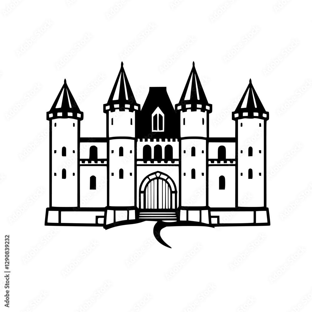 Monochrome rendering of a castle with towers and a gated entrance, classic medieval architecture in black and white. Monochrome rendering of a castle with towers and a gated entrance, classic medieval architecture in black and white.