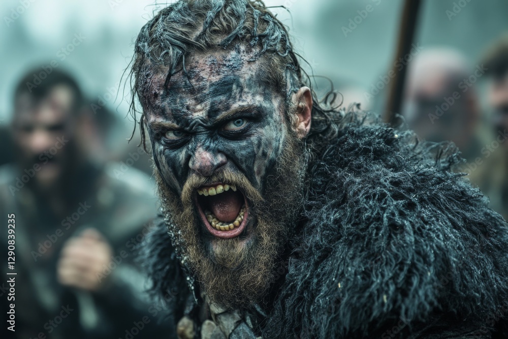 Intense warrior shouting during battle in a forest setting with allies behind him Intense warrior shouting during battle in a forest setting with allies behind him
