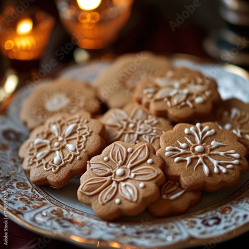 Wallpaper Mural Ornate Gingerbread Cookies on Decorative Plate, Candlelit Setting Torontodigital.ca