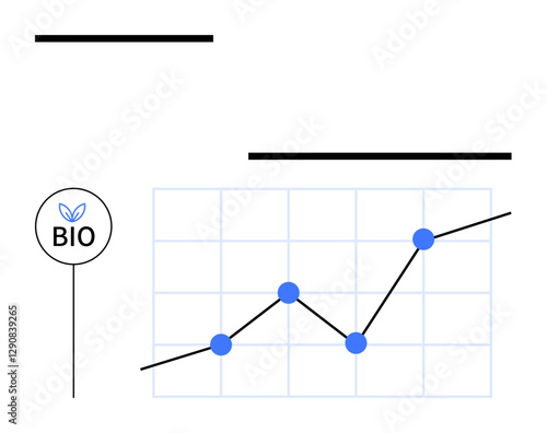 Trend graph with blue markers and upward line, bio circle with leaf icon. Ideal for sustainability, organic trends, eco-growth, business metrics, analytics, innovation, abstract line flat metaphor