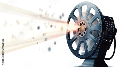 A digital illustration depicting a film reel projector. The reel is dark gray/blue metallic with visible spokes.  A bright, warm-toned light beam, emanating from the projector, extends diagonally
