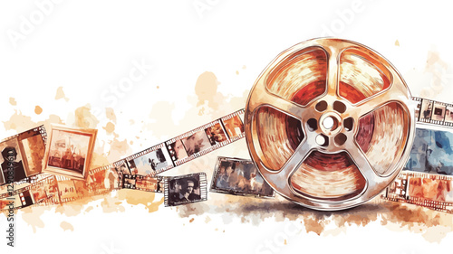 Watercolor-style illustration depicting a film reel and several scattered still photographs. The reel is centrally positioned, showing signs of age and wear. The photographs are smaller and appear
