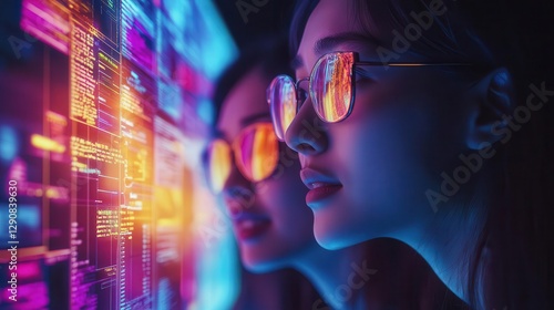 A startup team discussing strategy with holographic business models and charts hovering in the air, Technology, Photo-realistic, Neon glow