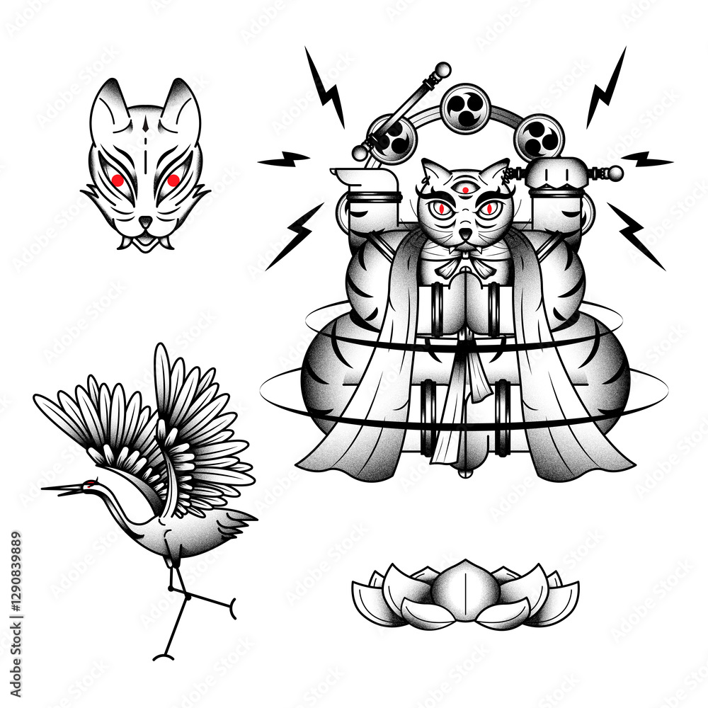 Fototapeta premium Bakeneko with Raijin drums, Japanese monster cat tattoo design element