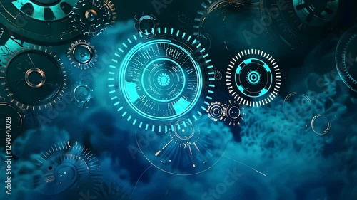 Intricate Design of Gears and Cogs in a Blue Themed Background