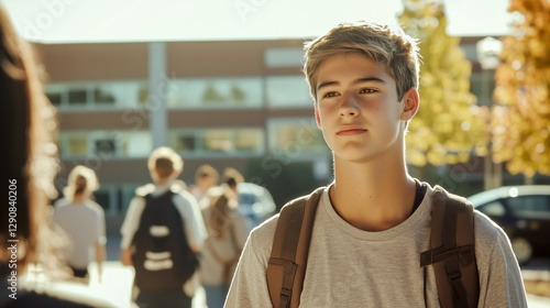 Teen student at school entrance with backpack, looking onward with a hopeful expression on a sunny day. photo