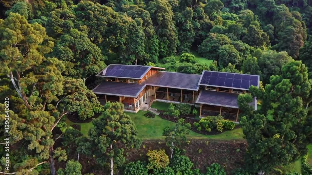 A modern eco-lodge with solar panels, designed with sustainable materials and surrounded by lush forest in a serene natural setting A modern eco-lodge with solar panels, designed with sustainable materials and surrounded by lush forest in a serene natural setting