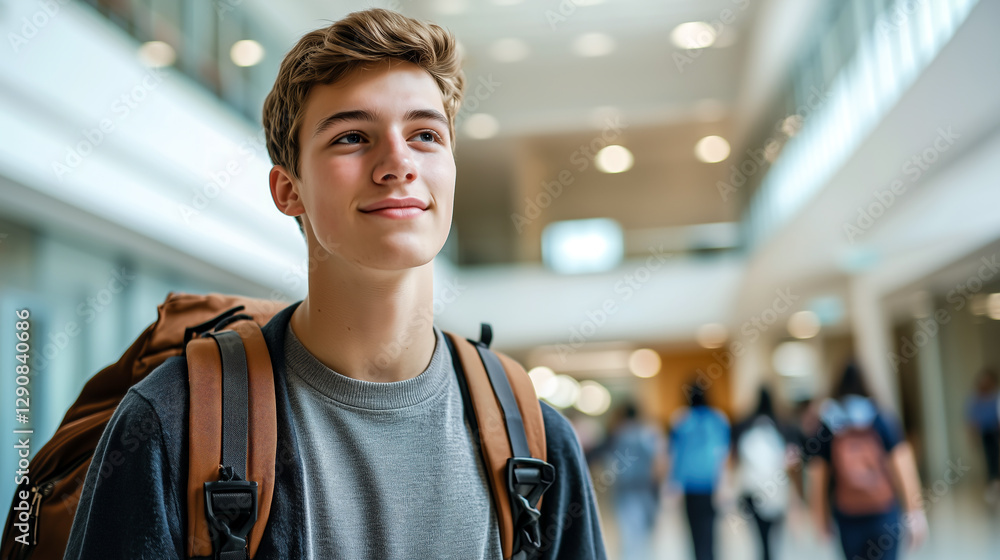 Fototapeta premium Young traveler with backpack, looking up hopefully in bright airport or modern station. Exploring, planning future adventures.