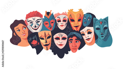 A digital illustration featuring a collection of diverse human faces and masks.  The faces are depicted in a stylized, illustrative manner with varying skin tones and hair styles. The masks are