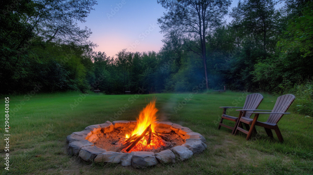 Campfire glows at dusk, stars fill the night sky, nature basks in warm light, a serene wilderness moment. Campfire glows at dusk, stars fill the night sky, nature basks in warm light, a serene wilderness moment.