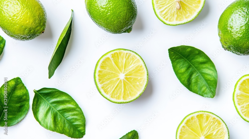 Limes and Leaves Arranged on a White Background Limes and Leaves Arranged on a White Background