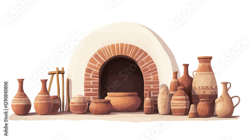 A digital illustration depicting a collection of various clay pottery pieces arranged around a brick kiln with a rounded white clay structure. The pottery pieces vary in size, shape, and design,
