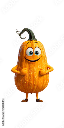 Happy Cartoon Pumpkin Character, Autumn Harvest Mascot, 3D Render
