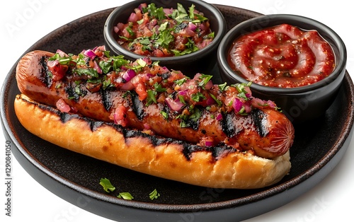 a hot dog with toppings on a wooden board photo