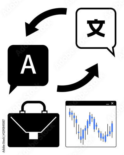 Speech bubbles with English and Chinese characters, rotation arrows, briefcase, and stock chart. Ideal for translation services, financial analysis, business communication, global trade, language