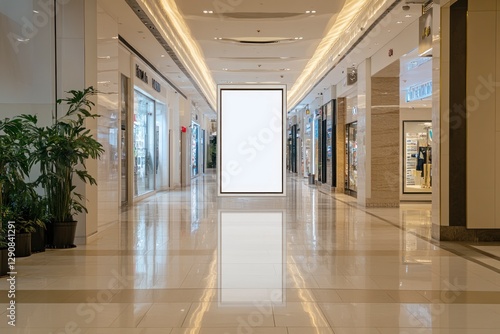 mockup of an empty  blank white poster frame in the entrance area of a luxury shopping mall  with no people present