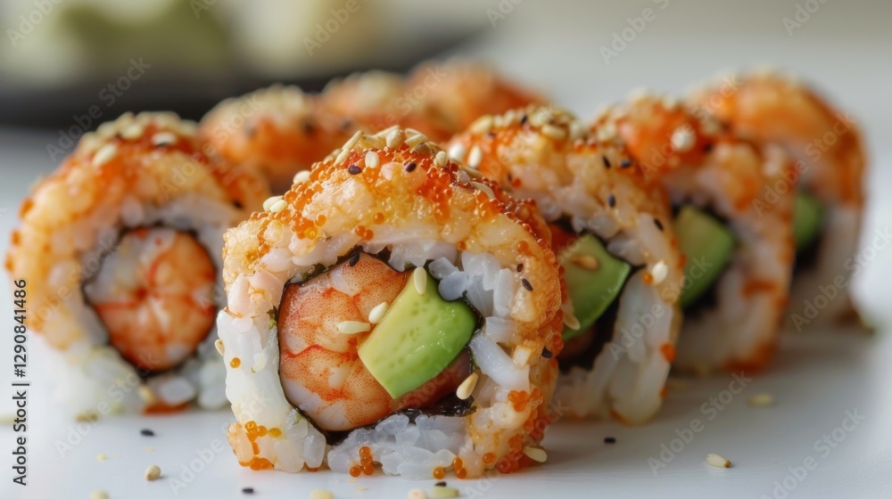 Delicious sushi rolls filled with shrimp and avocado, topped with orange fish roe are arranged neatly on a white plate, showcasing a tempting culinary masterpiece. Delicious sushi rolls filled with shrimp and avocado, topped with orange fish roe are arranged neatly on a white plate, showcasing a tempting culinary masterpiece.