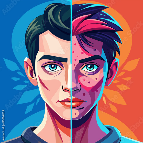 Diagram showing man with acne problem of people suffers from skin disease in flat design style