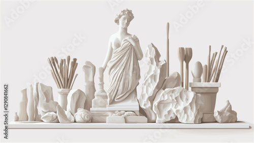 A digital rendering or illustration depicting a monochromatic still life composition. The scene features a central classical female statue, surrounded by various art supplies including paintbrushes